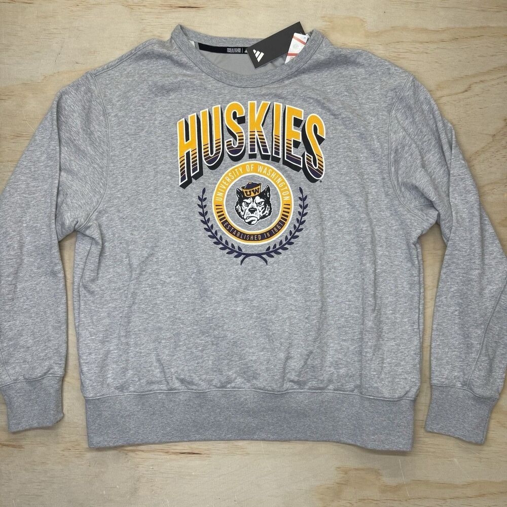 NEW Washington Huskies Adidas Throwback Logo Crewneck Sweatshirt Gray XL